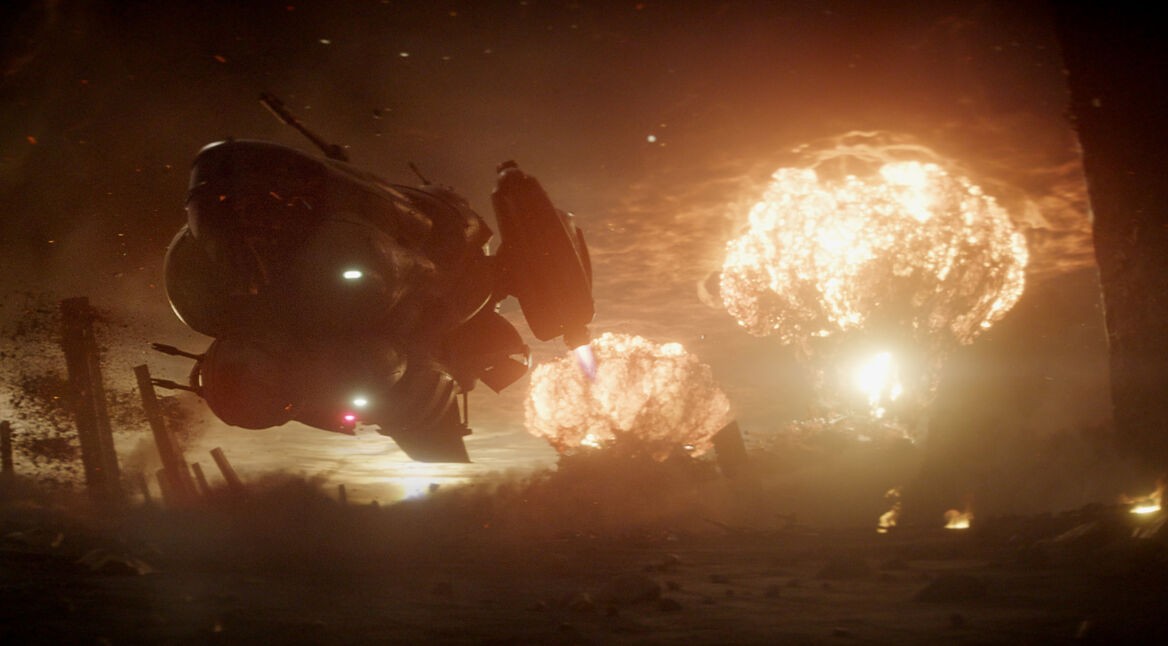 Raumschiff vor Feuerballen