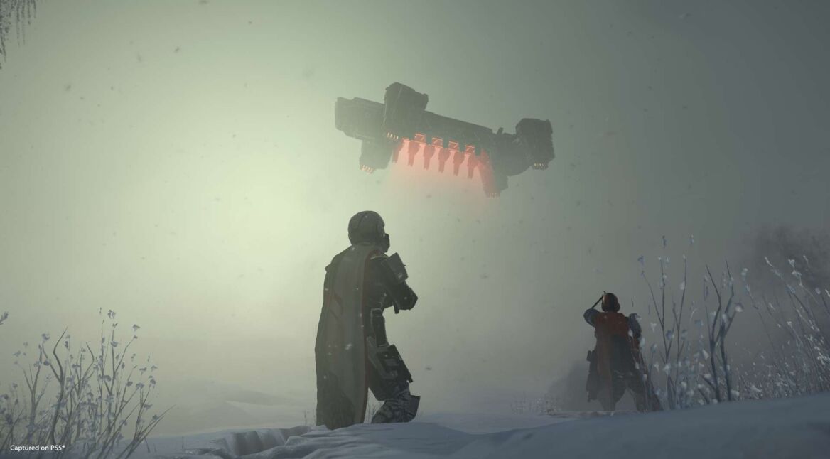 Spieler:in und Raumschiff aus "Helldivers 2"