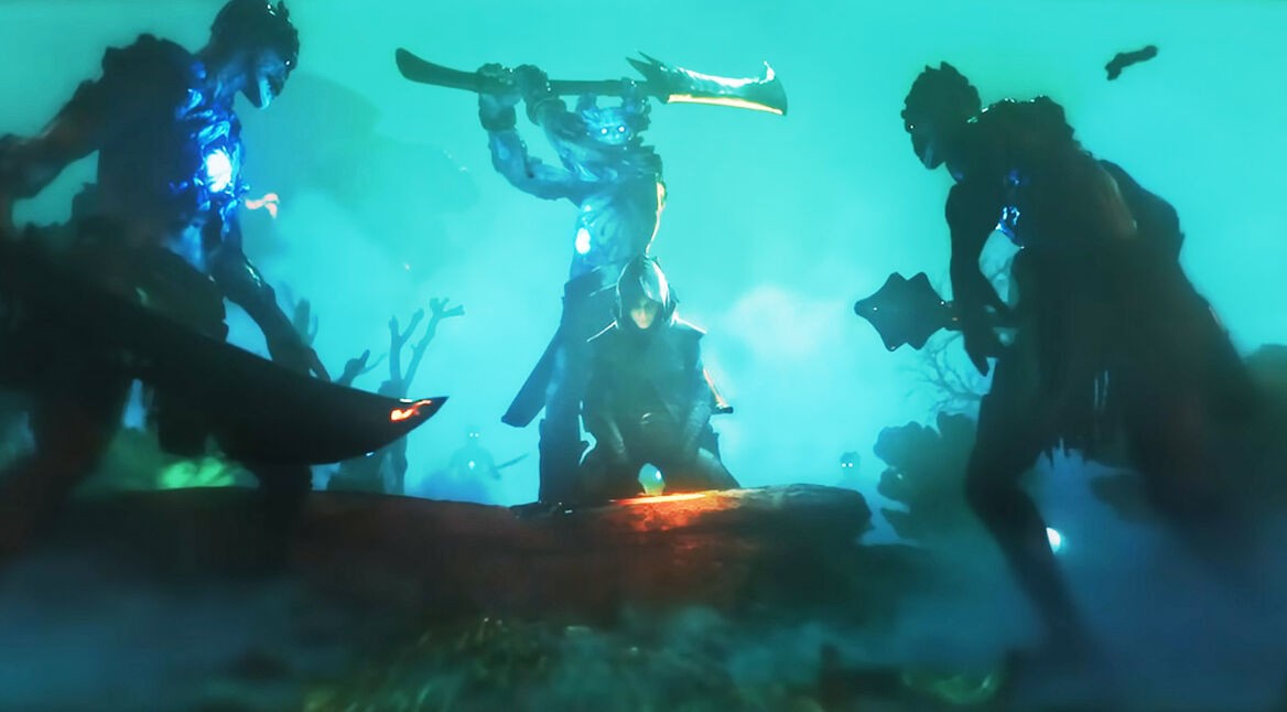 Drei Gegner greifen eine Person in Enshrouded an