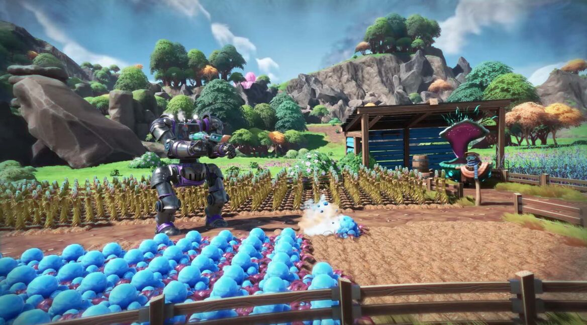 Ein Mech bei der Farmarbeit in Lightyear Frontier