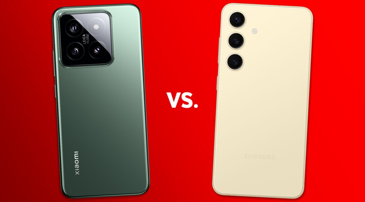 Smartphones Xiaomi 14 und Galaxy S24 von hinten nebeneinander vor rotem Hintergrund