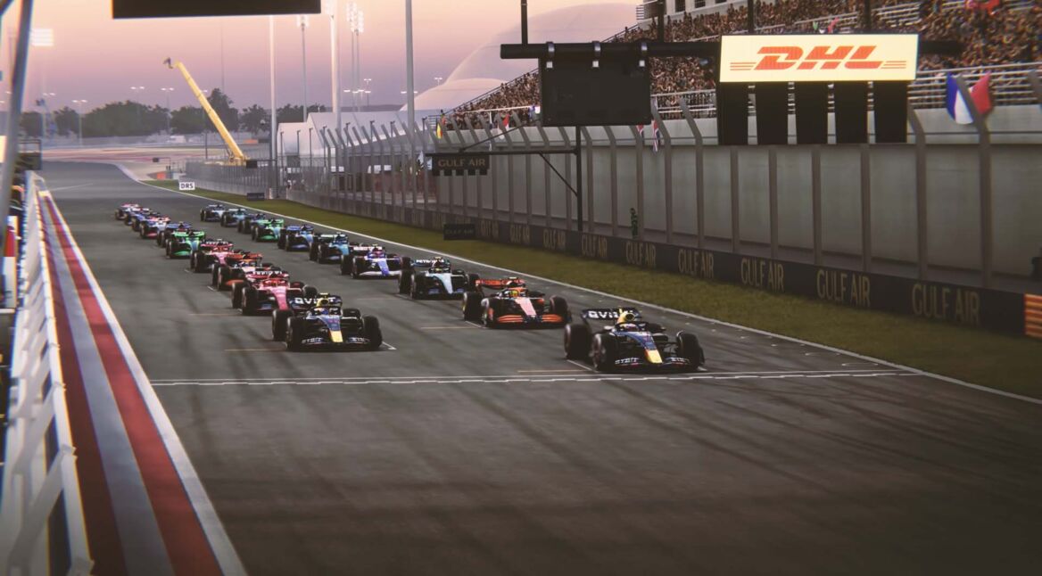 Formel-1-Fahrzeuge in der Startposition auf einer Rennstrecke in F1 24