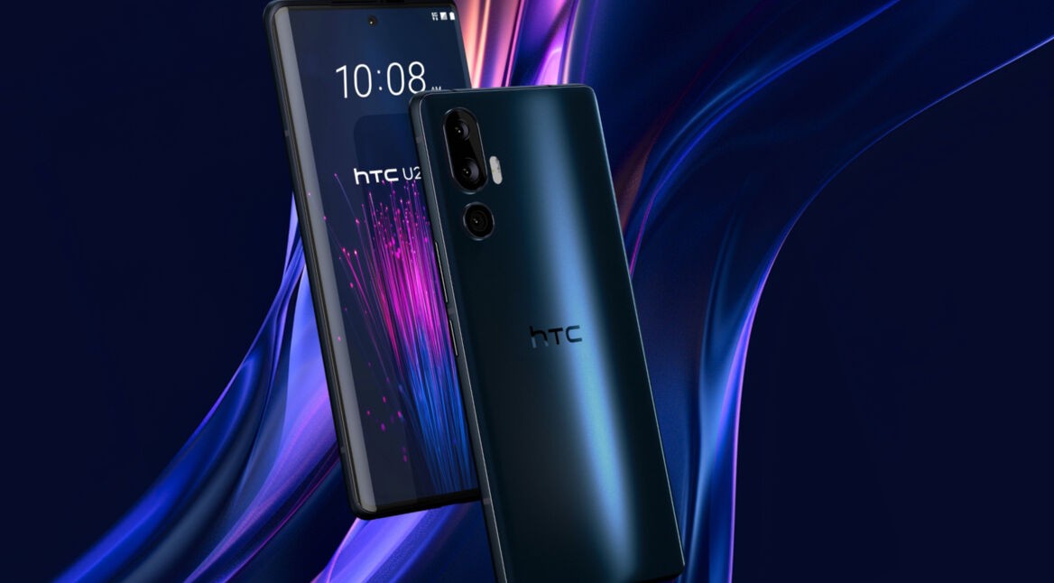 HTC u24 pro von vorne und hinten vor blauem Hintergrund