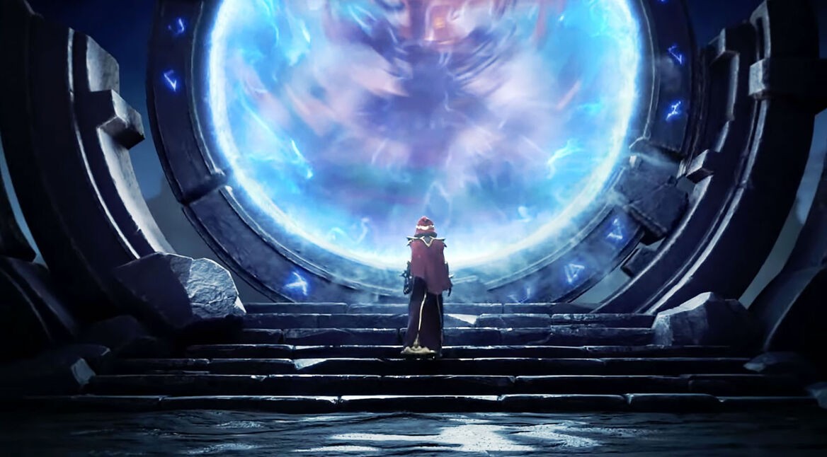 Ein:e Spieler:in steht vor einem Weltenportal in Tarisland