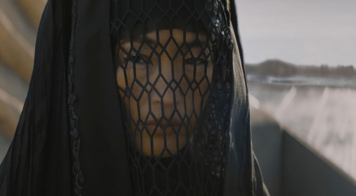 Hier ist dein Alt-Text: "Auf diesem Bild aus Dune Prophecy ist die Figur Tula Harkonnen zu sehen. Sie trägt ein schwarzes, verschleiertes Gewand, das ihr Gesicht bis auf die Augen durch ein netzartiges Muster verdeckt. Ihr Blick wirkt ernst und nachdenklich, während im Hintergrund eine karge, wüstenartige Landschaft zu erahnen ist."