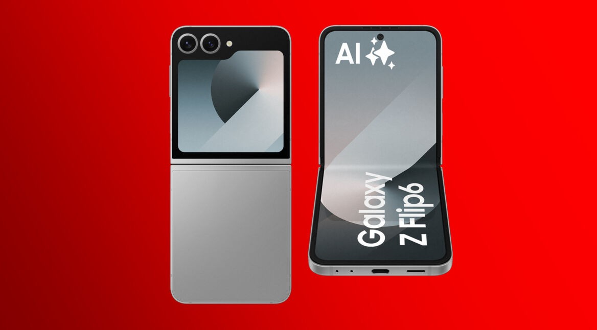 Auf diesem Bild ist das Samsung Galaxy Z Flip6 von vorne und hinten abgebildet. Auf der linken Seite ist das Folable von hinten vor rotem Hintergrund zu sehen - auf der rechten Seite von vorne mit der Aufschrift "AI" und "Galaxy Z Flip6".