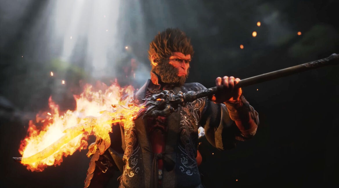 Der Protagonist aus Black Myth: Wukong hält die Waffe eines Bosses in seinen Händen