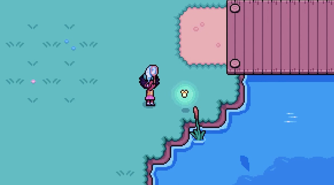 Ein:e Spieler:in fängt einen Käfer in Fields of Mistria