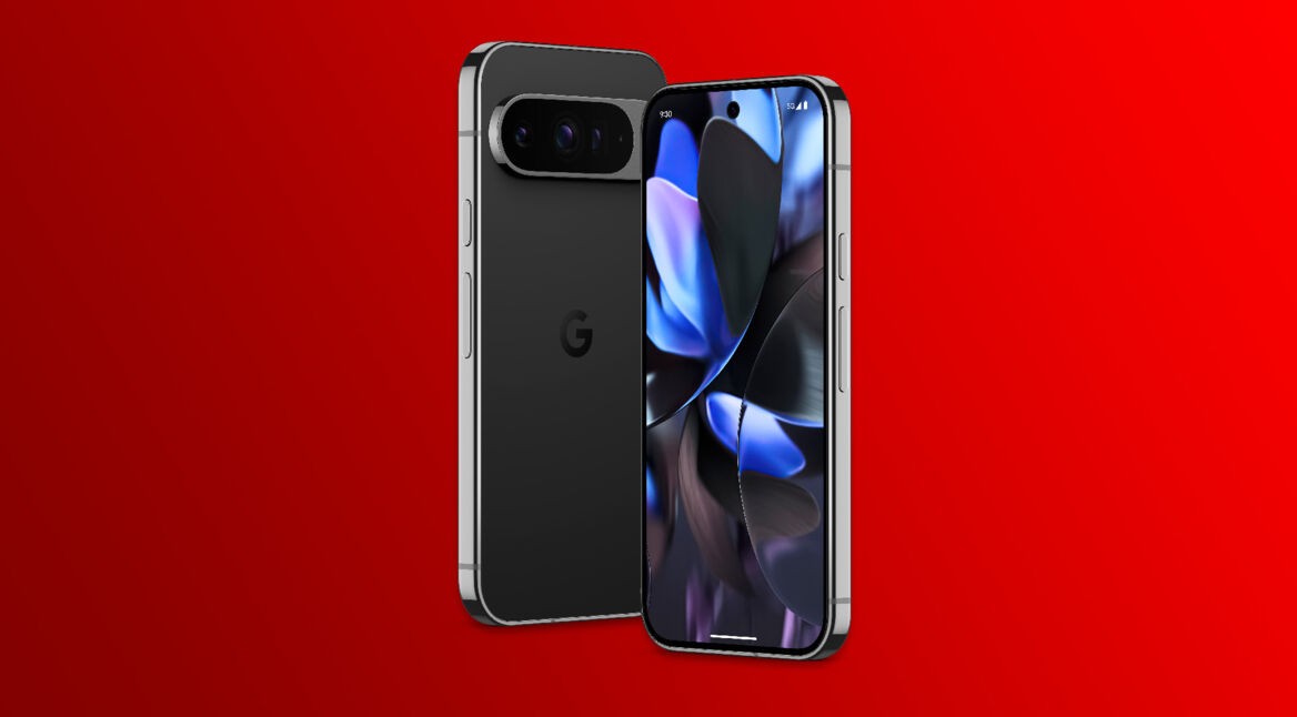 Das Pixel 9 vor rotem Hintergrund