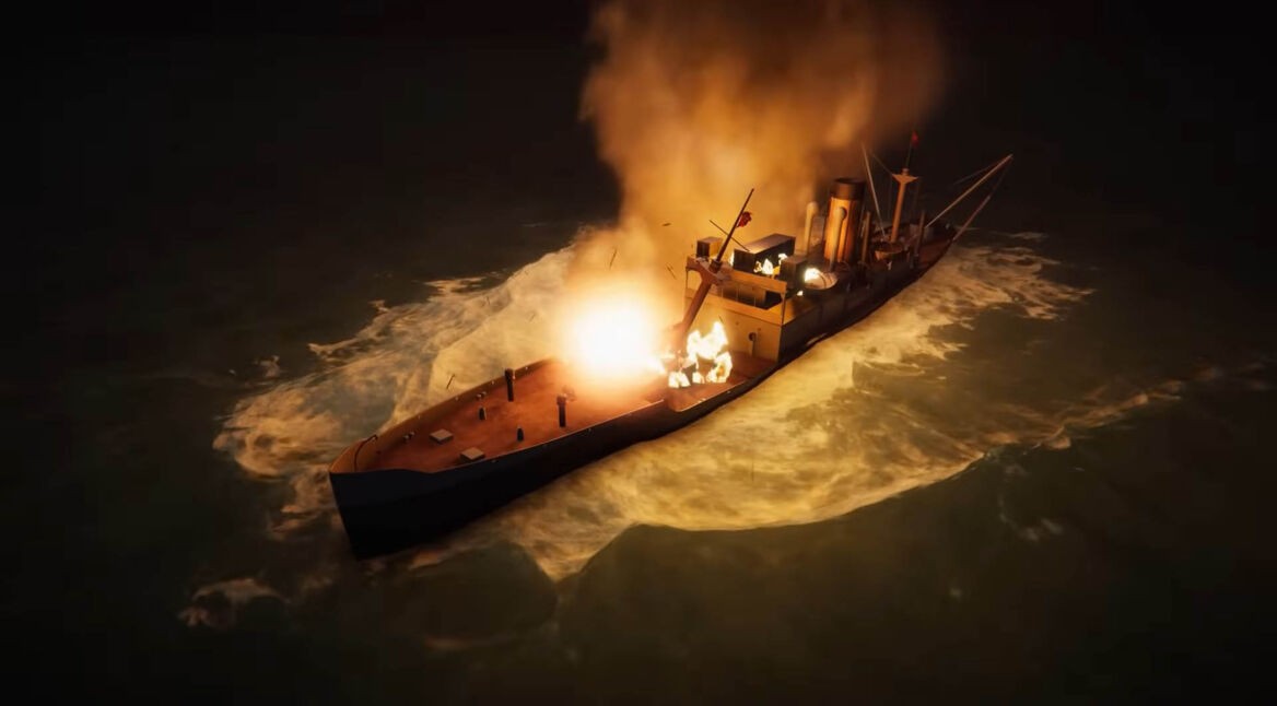 Ein U-Boot wird im Spiel „UBOAT“ auf offener See beschossen.