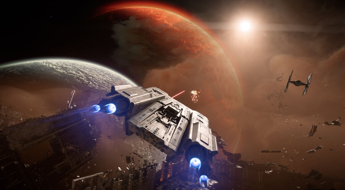 Im Bild zu Star Wars Outlaws siehst Du ein Raumschiff. dass in Richtung eines hell STrahlenden Planeten fliegt. Links im Bild ist ein weißer Planet zu sehen, der von rechts von dem hellen Planeten angeleuchtet wird. Weiter dahinter liegt ein noch größerer Planet, der orange-rot schimmert. Vor dem Raumschiff fliegt ein weiteres Weltraum-Gefährt. Darum herum fliegen Trümmerteile durch das All.