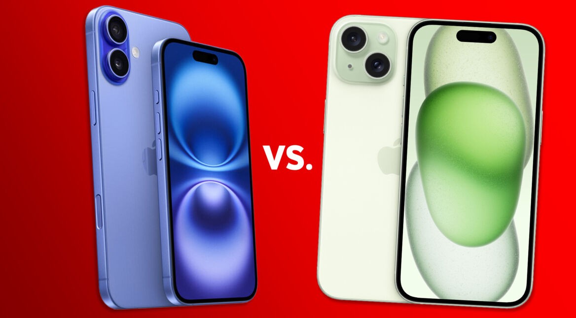 Das iPhone 16 und das iPhone 15 vor rotem Hintergrund