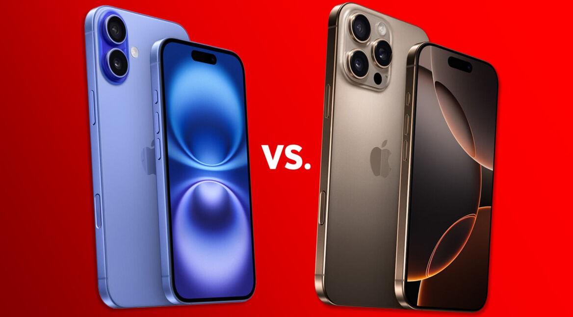 Das iPhone 16 und das iPhone 16 Pro vor rotem Hintergrund