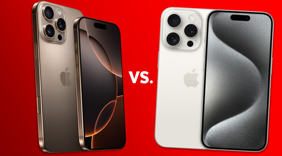 Das iPhone 16 Pro und das iPhone 15 Pro vor rotem Hintergrund