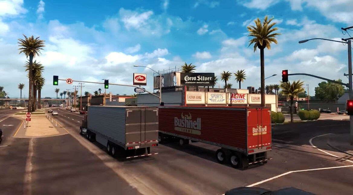 Zwei Trucks in einer Stadt in der Spielwelt von American Truck Simulator