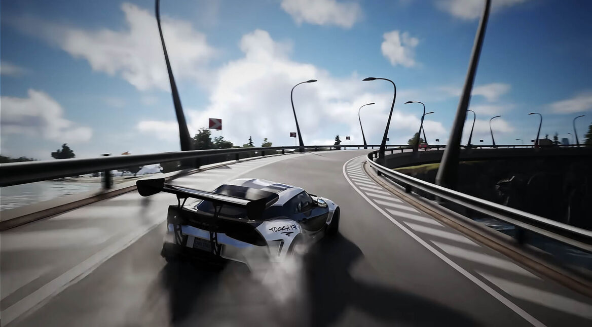 Ein:e Spieler:in driftet in CarX Street durch eine langgezogene Kurve