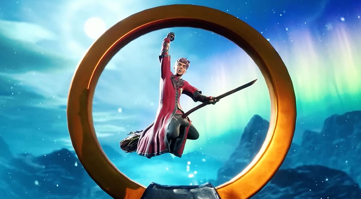 Ein:e Spieler:in auf einem Besen im Spiel Harry Potter: Quidditch Champions