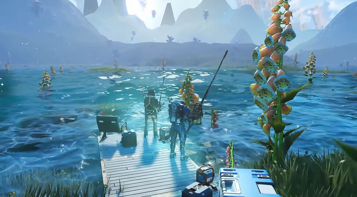 Zwei Spieler:innen angeln in No Man's Sky