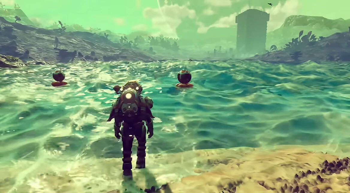 Ein Spieler geht ins Wasser in No Man's Sky