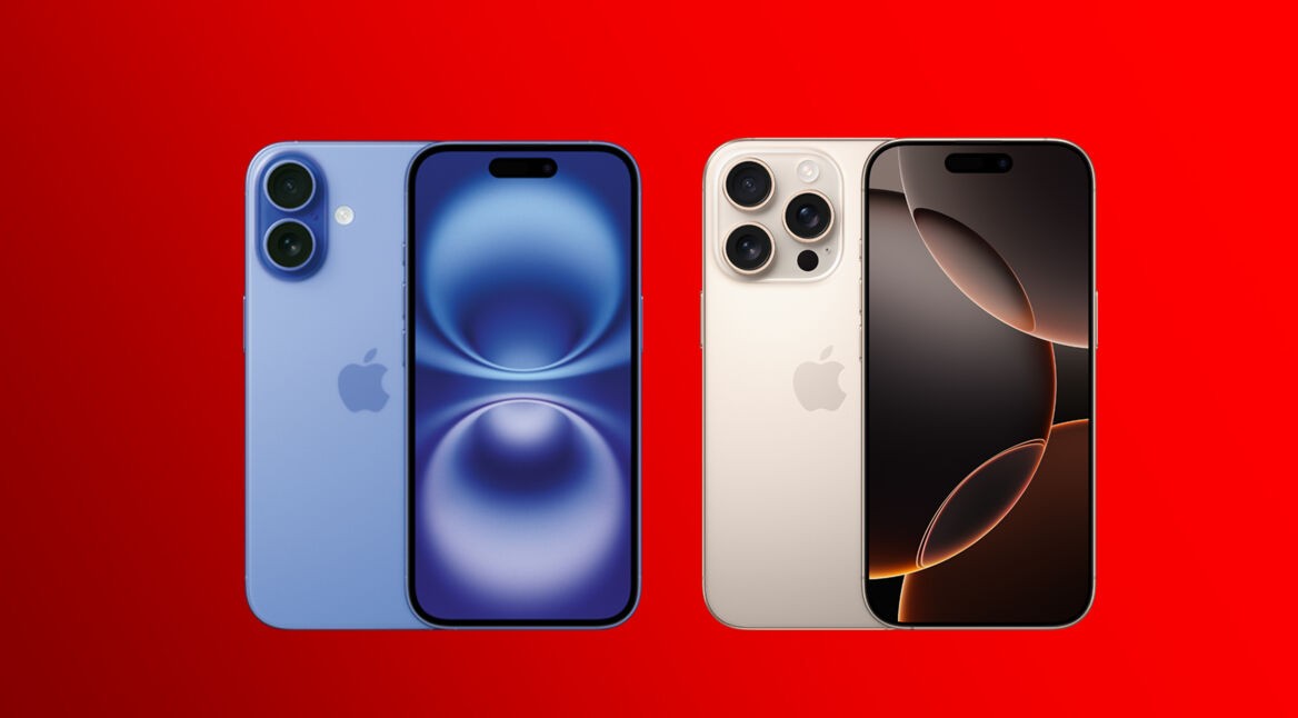 Auf dem Bild sind zwei Modelle der iPhone 16-Reihe zu sehen. Links befindet sich das iPhone 16 in Ultramarin, das von hinten und vorne abgebildet ist, mit einem Dual-Kamera-System und einem leuchtend blauen Display. Rechts daneben ist das iPhone 16 Pro in Wüstensand, mit einem Triple-Kamera-System und einem dunkleren, eleganten Display. Der Hintergrund ist in einem kräftigen Rot gehalten, was die beiden Smartphones hervorhebt.