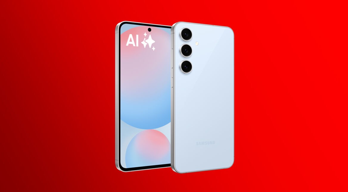 Das Samsung Galaxy S24 FE ist von vorn und hinten in der Farbe Blau zu sehen. Auf dem Bildschirm ist ein AI-Hinweis zu erkennen.