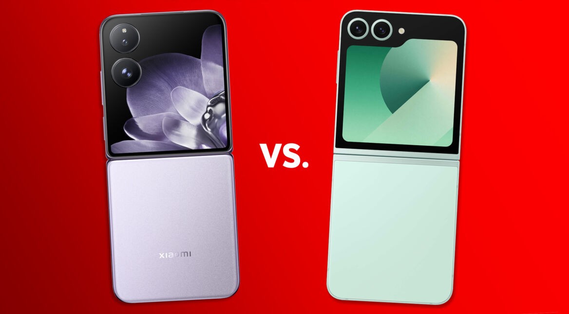Zwei Klapp-Smartphones vor rotem Hintergrund: links das Xiaomi Mix Flip, rechts das Galaxy Z Flip6