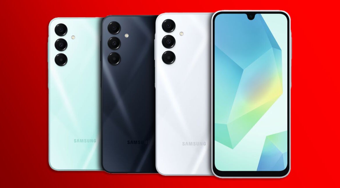 Das Galaxy A16 5G in drei Farbversionen vor rotem Hintergrund