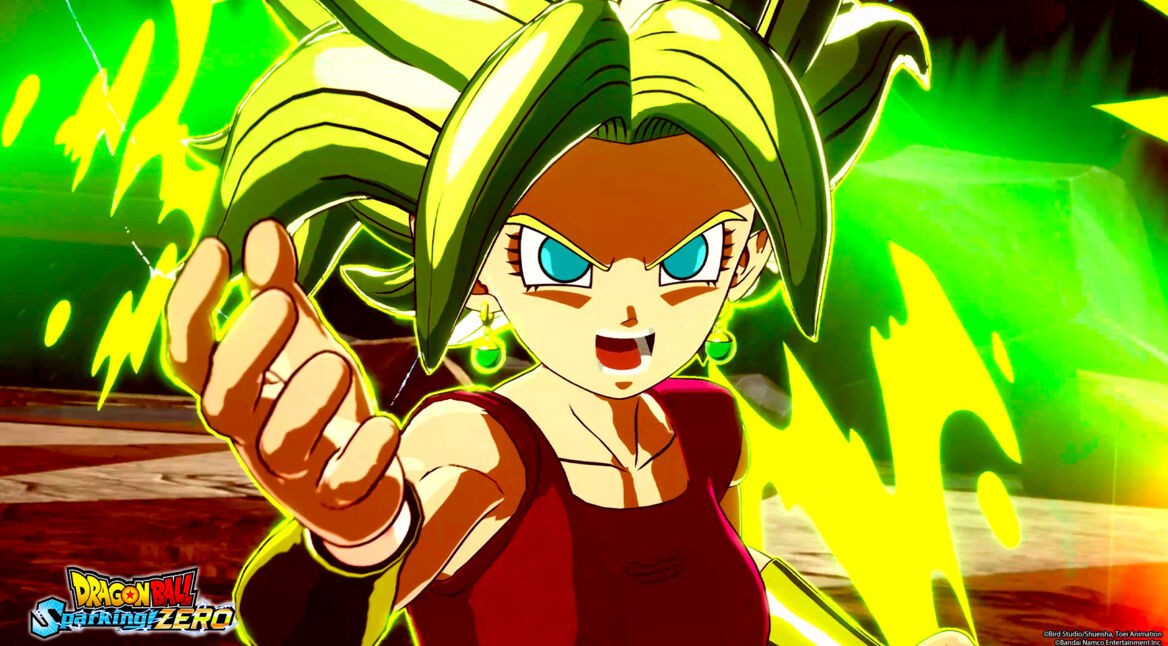 Auf dem Bild aus dem Dragon Ball Sparking Zero Gameplay ist Kefla in ihrer Super-Saiyajin-Form zu sehen. Ihr grünes Haar steht wild nach oben, während sie mit entschlossener Miene und ausgestreckter Hand einen Angriff vorbereitet. Um sie herum fließen grüne Energiestrahlen, die die intensive Kraft und Spannung der Szene betonen. Sie trägt ein ärmelloses, rotes Oberteil, und ihre blauen Augen leuchten kampfbereit. Der Hintergrund ist von grüner Energie erfüllt, was die actiongeladene Atmosphäre unterstreicht.