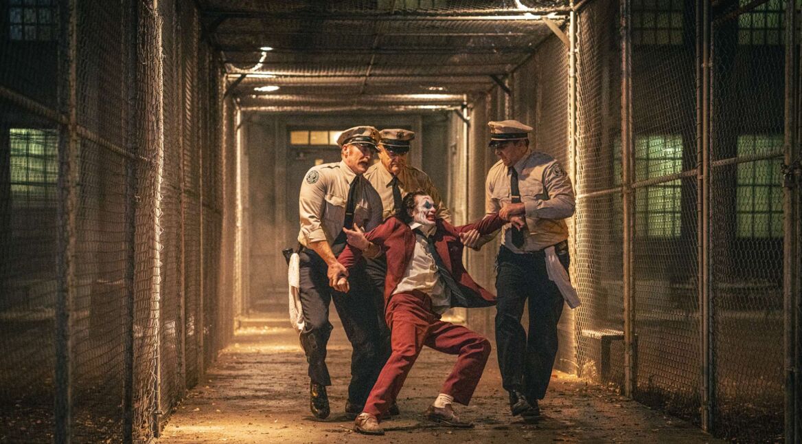 Auf dem Bild zu „Joker: Folie à Deux Ende erklärt“ wird der Joker, gespielt von Joaquin Phoenix, von drei Polizisten durch einen dunklen, metallischen Gang in Handschellen abgeführt. Der Joker trägt einen roten Anzug und sein Gesicht ist mit der typischen weißen Schminke und dem markanten Lächeln bemalt. Er wehrt sich leicht gegen die Polizisten, während die Szene eine düstere und bedrückende Stimmung ausstrahlt, die durch das schummrige Licht und den kargen Hintergrund verstärkt wird.