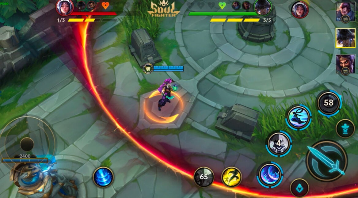 Alt-Text: Auf dem Bild vom League of Legends-Fakten-Artikel sieht man eine Spielsituation aus League of Legends. Im Zentrum steht ein Held mit lila Haaren und einer leuchtenden Waffe, umgeben von einem roten Angriffsring. Die Benutzeroberfläche zeigt verschiedene Fähigkeiten-Icons und Statusanzeigen, während oben links der Lebensbalken eines gegnerischen Charakters sichtbar ist. Die Umgebung besteht aus einer steinigen Arena mit Grasflächen und einem zerstörten Turm im Hintergrund.