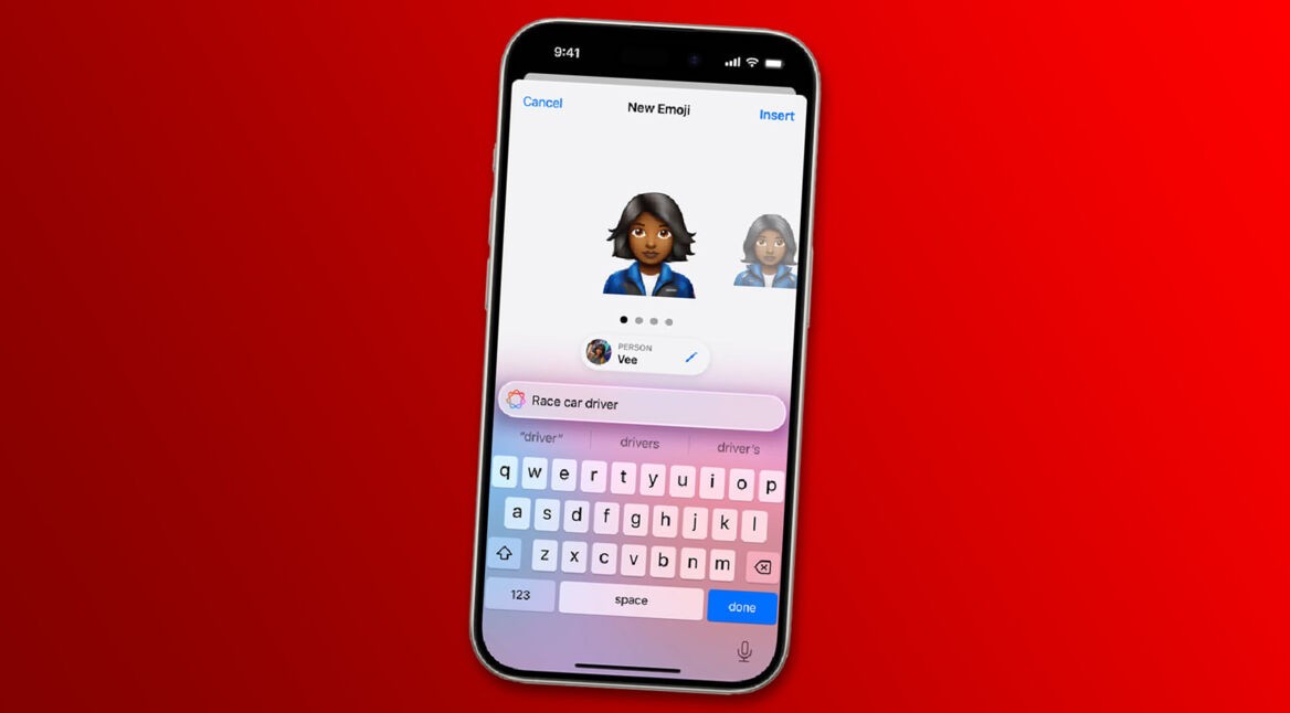 Ein Genmoji einer Rennfahrerin auf einem iPhone