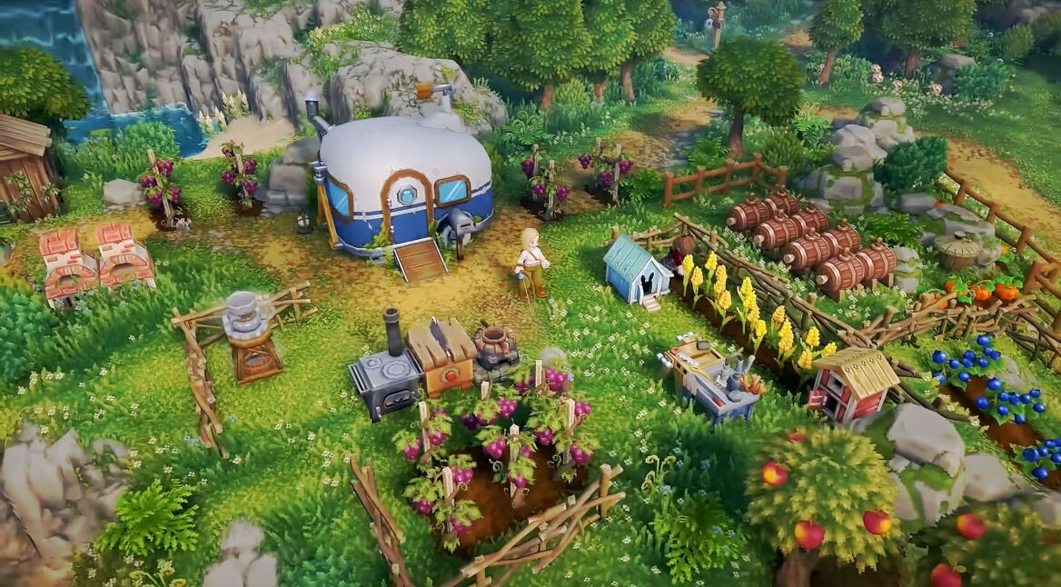 Ein:e Spieler:in steht auf der Farm in Luma Island