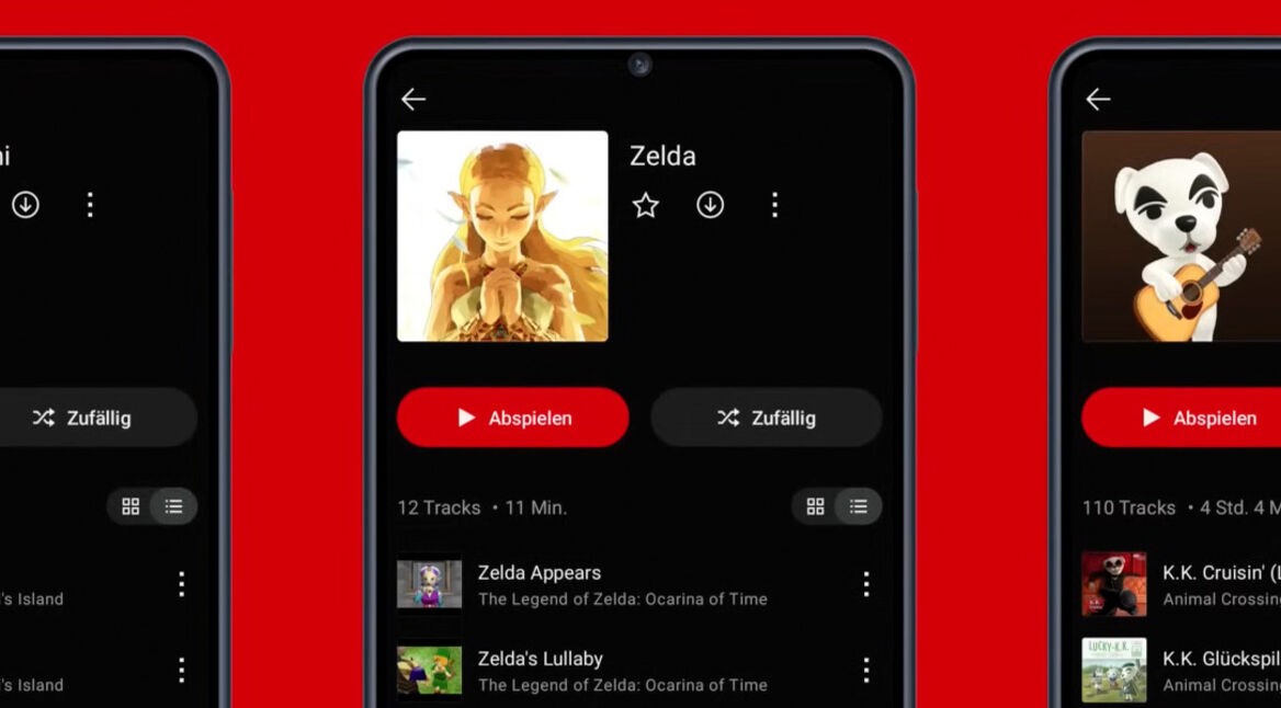 Drei Smartphones mit Charakter-Playlists in der Nintendo-Music-App