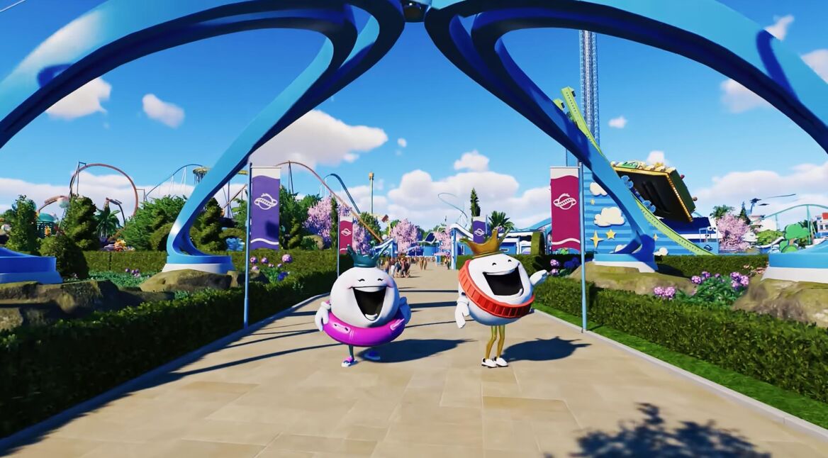 Zwei Maskottchen auf einem Weg in einem Freizeitpark in Planet Coaster 2