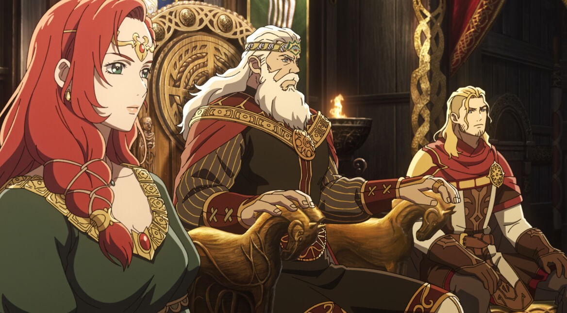 Auf dem Bild aus Der Herr der Ringe - Die Schlacht der Rohirrim sind links Héra und zentral Helm Hammerhand zu sehen, die in einer königlichen Halle aufwendig gekleidet auf einem kunstvollen Thron sitzen. Helm Hammerhand, mit weißem Bart und Krone, strahlt Würde und Autorität aus, während Héra mit elegant geflochtenem roten Haar und edlem Schmuck ruhig und aufmerksam wirkt. Rechts von ihnen sitzt ein weiterer Krieger in roter Rüstung. Die Szene vermittelt eine feierliche und ernste Atmosphäre.