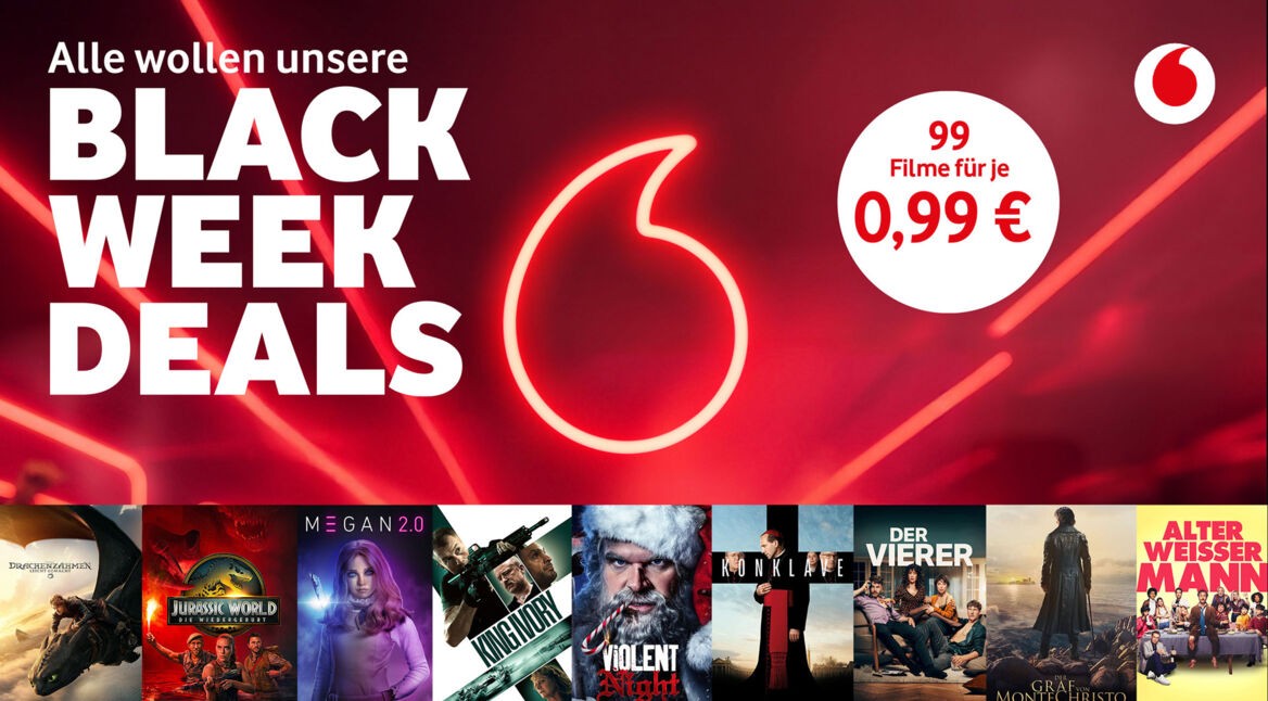 Auf dem Werbebild zur Aktion Black Friday GigaTV von Vodafone ist ein leuchtendes rotes Logo vor dunklem Hintergrund zu sehen. Links steht in großen weißen Buchstaben „Black Week Deals“, rechts bewirbt ein Kreis „99 Filme für je 0,99 €“. Unten sind Filmtitel wie „Megan 2.0“, „Jurassic World“ und „Der Graf von Monte Christo“ abgebildet.