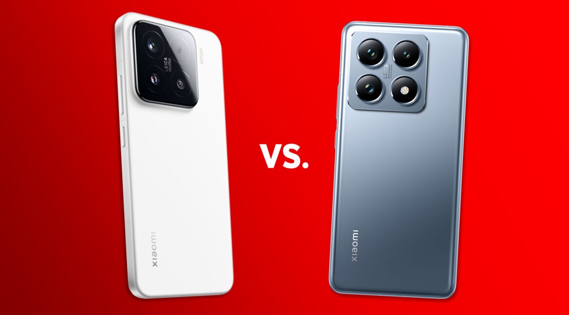 Die Rückseite des Xiaomi 15 und Xiaomi 14T vor rotem Hintergrund