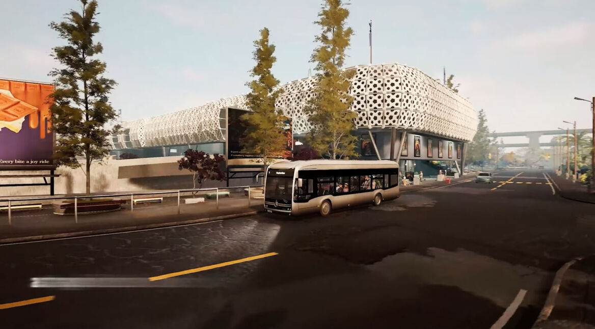 Ein Bus in der Nähe einer Veranstaltungshalle in Bus Simulator 21