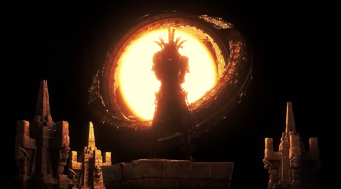 Ein Ischias aus Path of Exile 2 vor einer brennenden Kugel in einem sehr dunklen Raum.