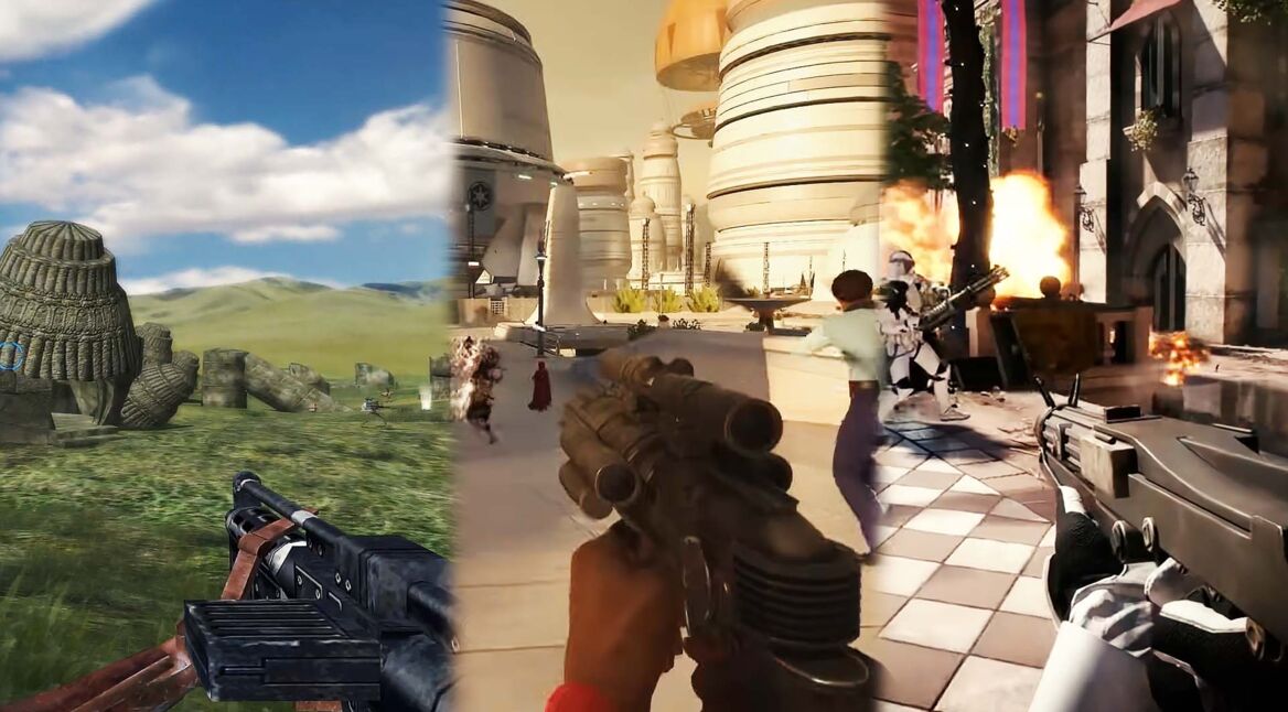Screenshots aus den Spielen Star Wars Battlefront (2004), Battlefront (2015) und Battlefront II nebeneinander im Vergleich