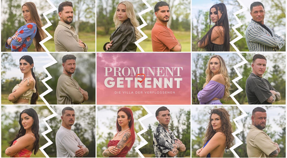 Auf dem Bild zu Prominent getrennt Staffel 4 sind die Paare der Show zu sehen, getrennt durch gezackte Linien. Jede Person blickt mit verschränkten Armen selbstbewusst in die Kamera. In der Mitte steht das Logo der Sendung vor einem rosa Himmel mit dem Text „Prominent getrennt – Die Villa der Verflossenen“. Die Teilnehmer:innen tragen moderne Outfits, während die Natur im Hintergrund eine ruhige Atmosphäre schafft.