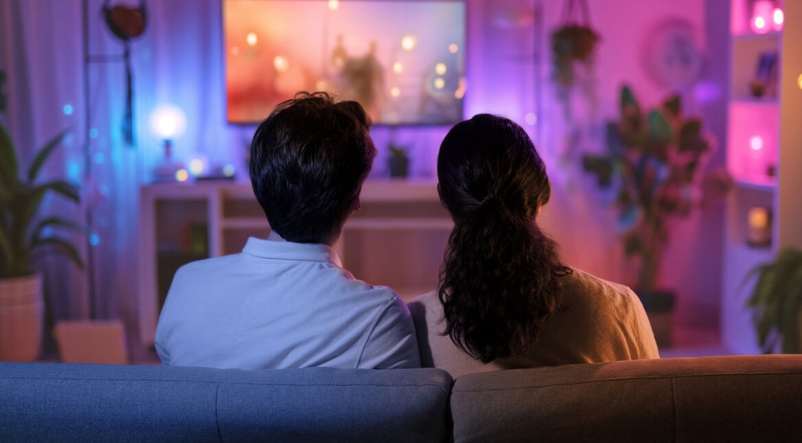 Auf dem Bild in dem Artikel zu den besten Silvester-Folgen in Serien, sitzen zwei Personen auf einem Sofa und schauen gemeinsam auf einen leuchtenden Fernseher, der eine warme Atmosphäre erzeugt. Der Raum ist mit bunten Lichtern dekoriert, passend zu einer festlichen Stimmung. Pflanzen und Regaldekorationen ergänzen die gemütliche Umgebung.