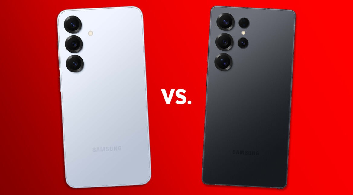 Das Galaxy S25 in Icyblue und das S25 Ultra in Jetblack vor rotem Hintergrund