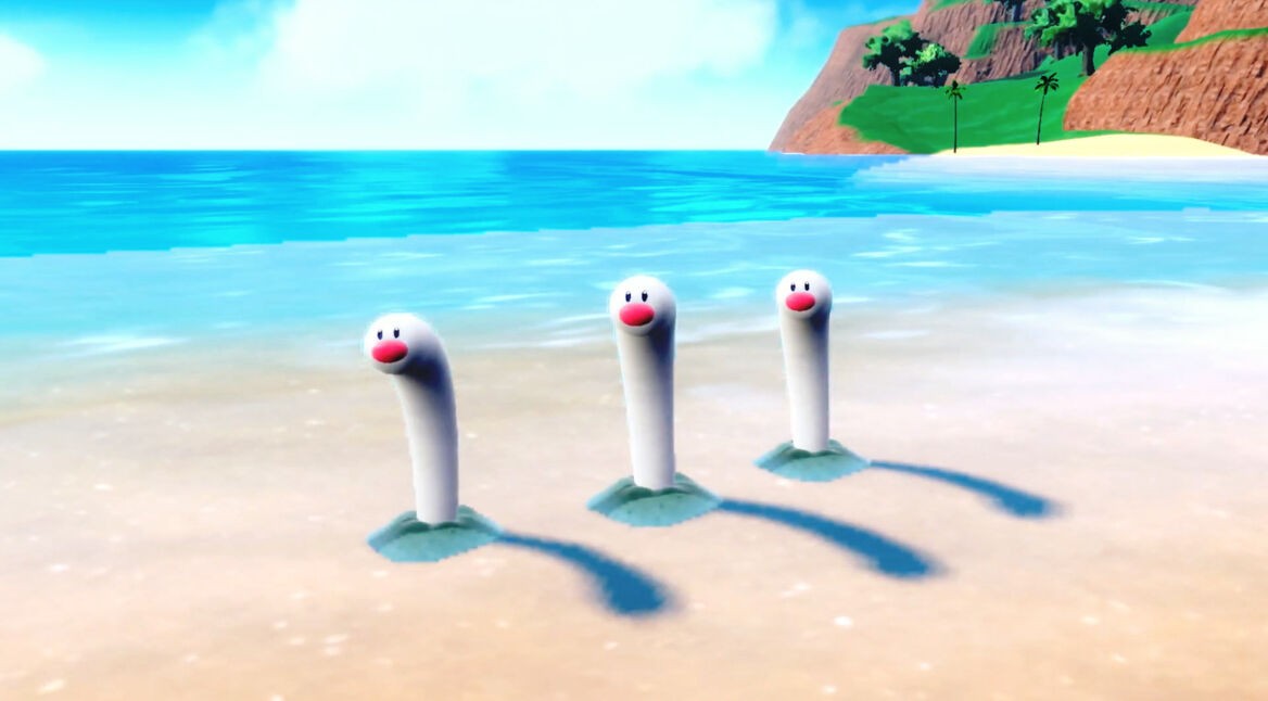 Drei Schligda an einem Strand in der Pokémon-Welt