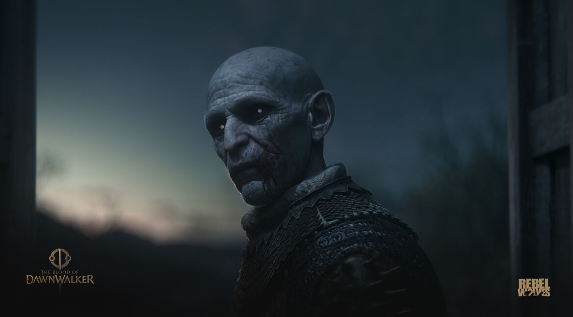 Auf diesem Bild aus "Blood of the Dawnwalker" ist der Obervampir Brencis zu sehen. Sein kahler Kopf, blasse Haut und die leuchtenden Augen erzeugen eine unheimliche Ausstrahlung. Blutspuren ziehen sich über seinen Mund, während er in einer dunklen, düsteren Umgebung steht. Seine Rüstung mit stachelbesetztem Kragen betont seine bedrohliche Erscheinung, und der Hintergrund zeigt eine schemenhafte Landschaft bei Dämmerung.