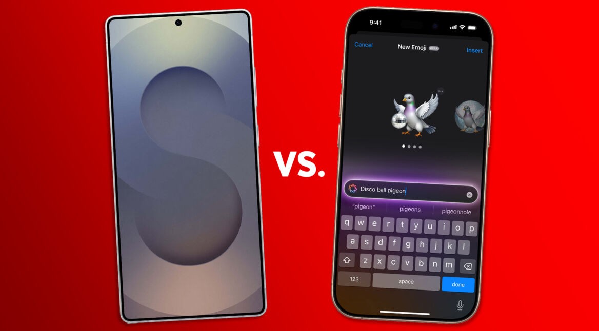 Das Samsung Galaxy S25 Ultra und das iPhone 16 Pro Max vor rotem Hintergrund