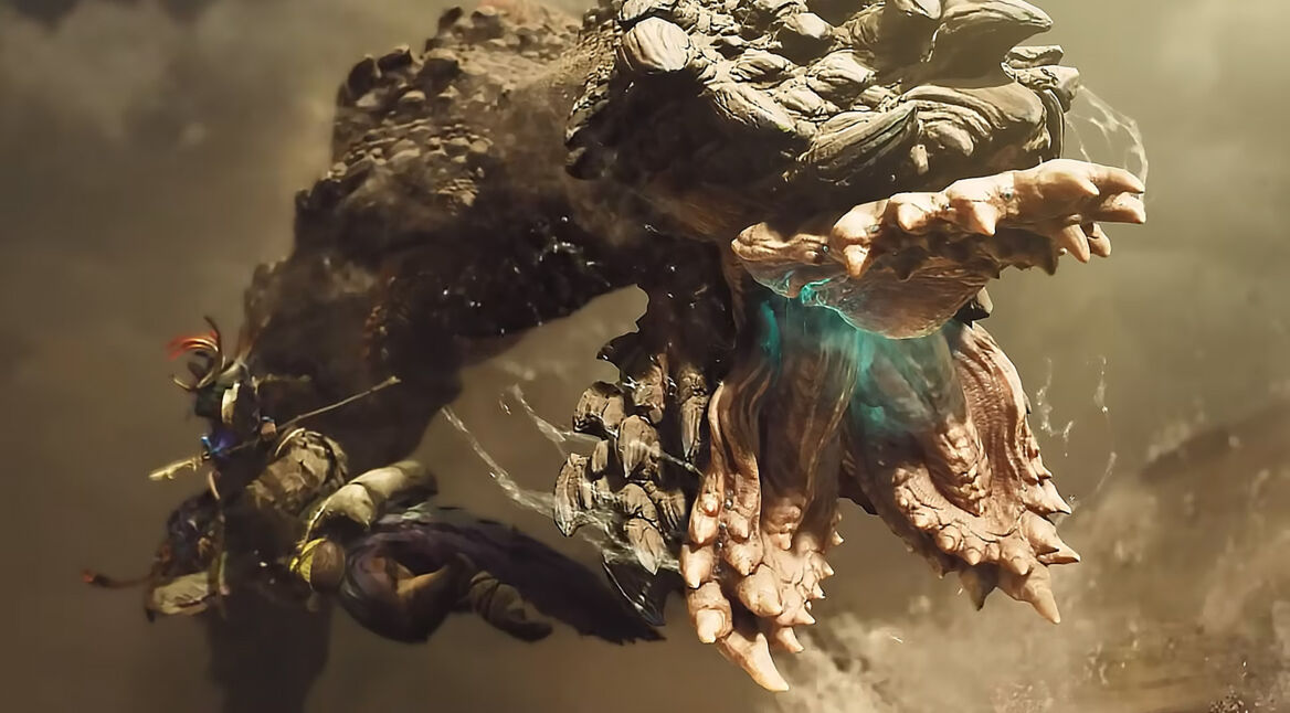 Ein Jäger kämpft gegen einen Sandwurm in Monster Hunter Wilds