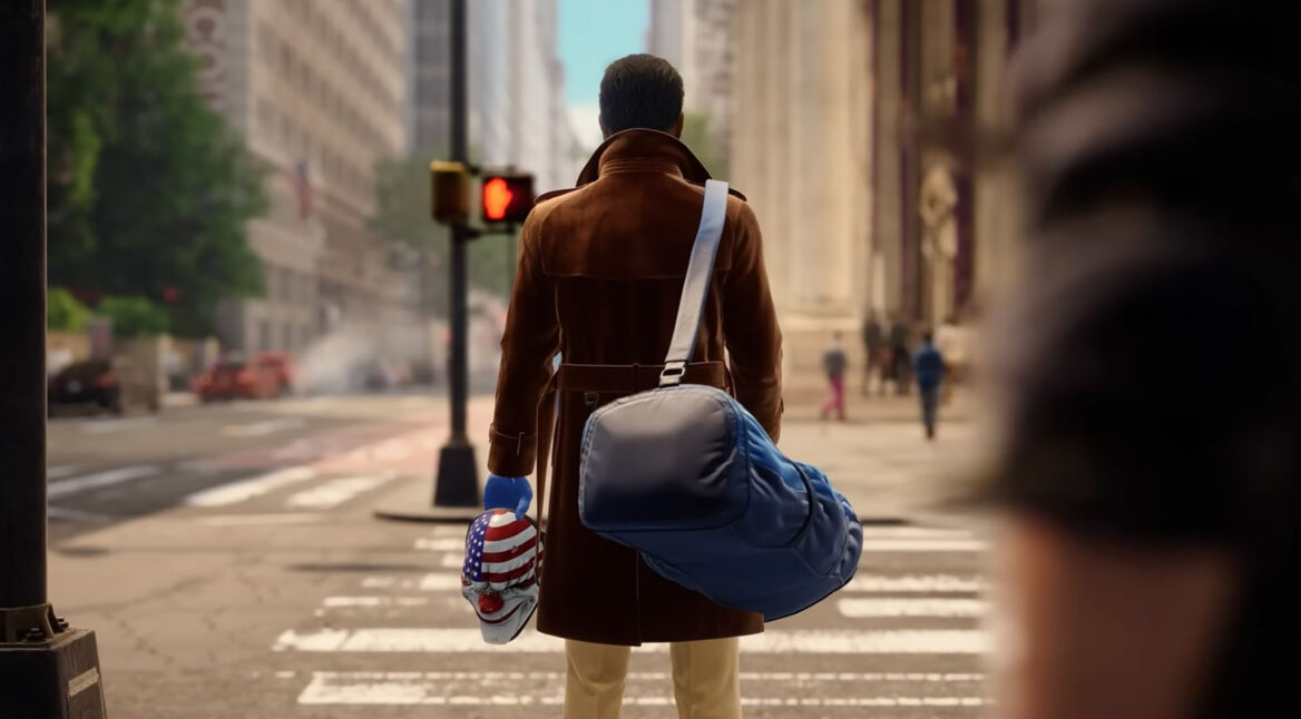 Ein Agent steht an der Ampel einer Straßenkreuzung in einer Großstadt in PAYDAY 3