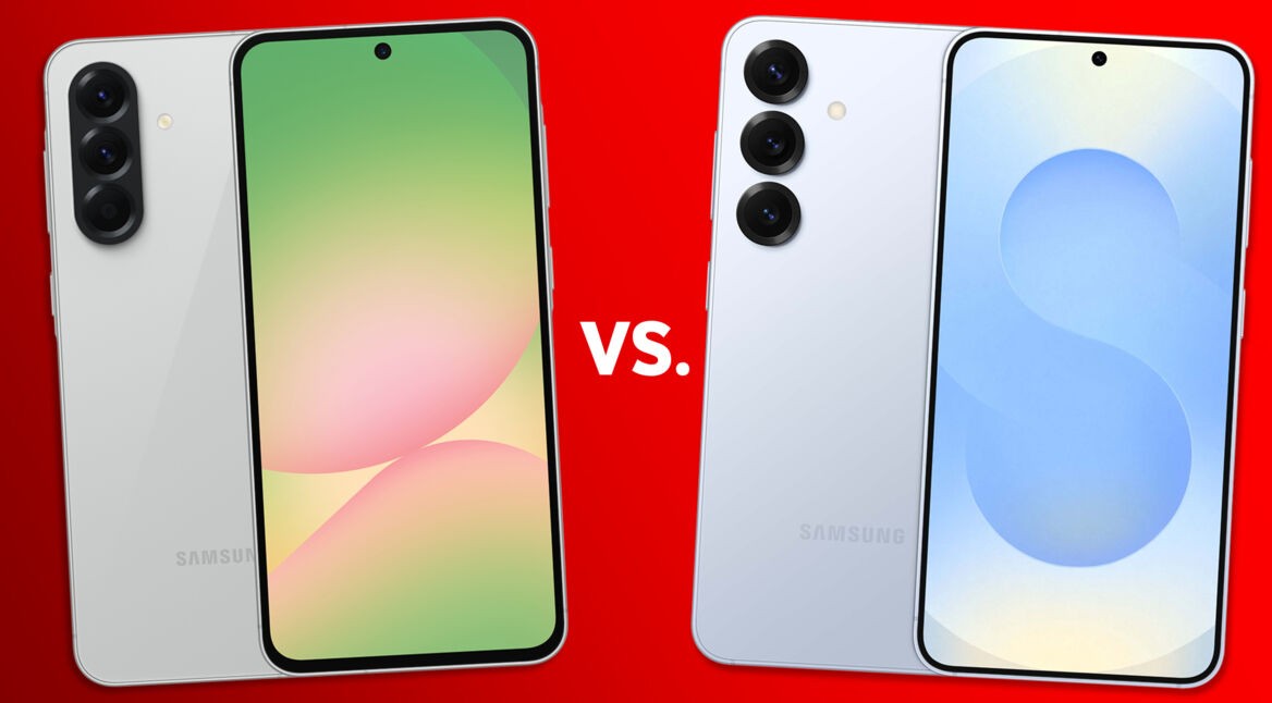 Galaxy A56 und Galaxy S25 nebeneinander vor rotem Hintergrund