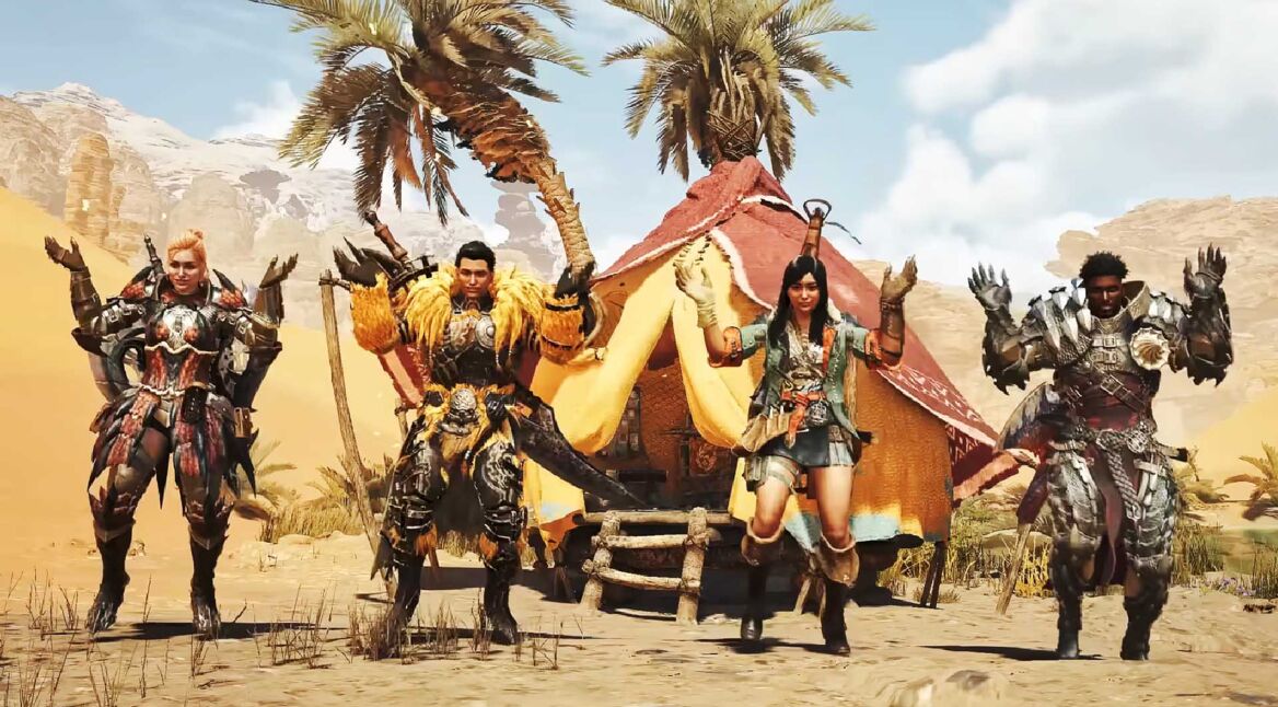 Vier Spieler:innen nutzen unterschiedliche Waffen in Monster Hunter Wilds.